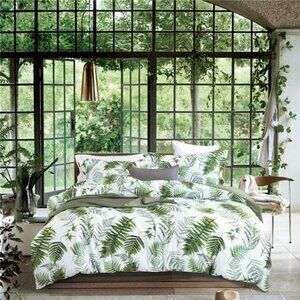 100% Long-Staple Cotton Duvet Cover Set King Size Green Palm Leaf